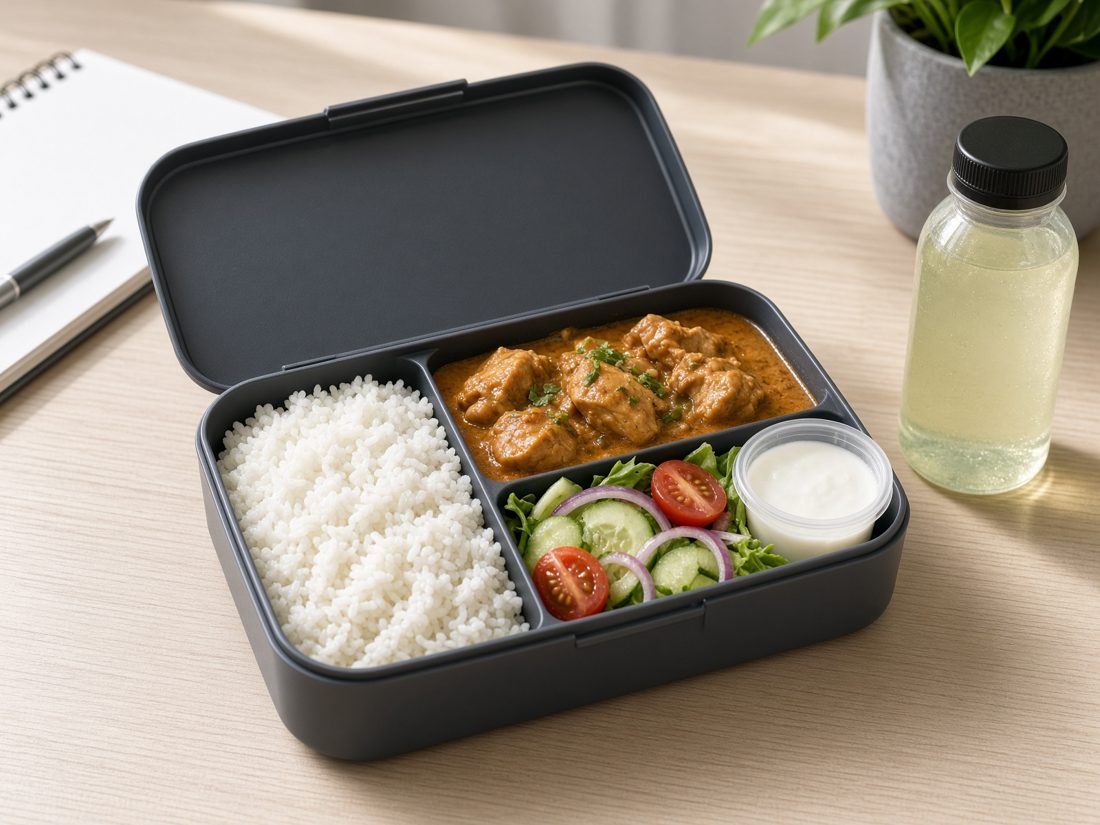 A Buraq desk lunch — white rice, curry, salad and yoghurt in a boxed compartment tray, with a drink.