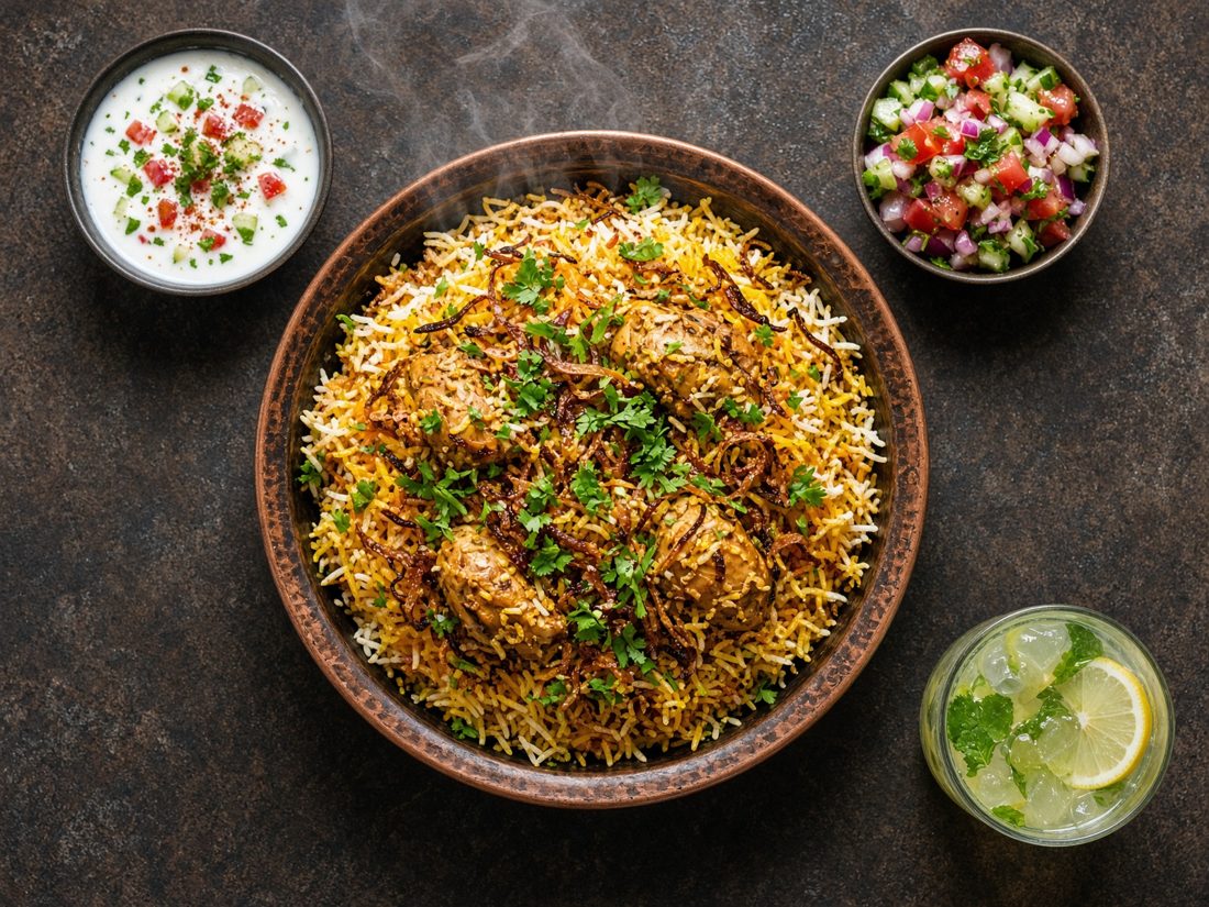 Chicken biryani served the traditional way with yoghurt and salad.